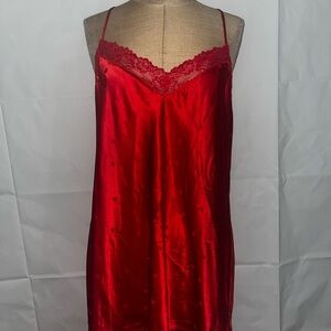 Elegant Red Satin Chemise with Lace Trim